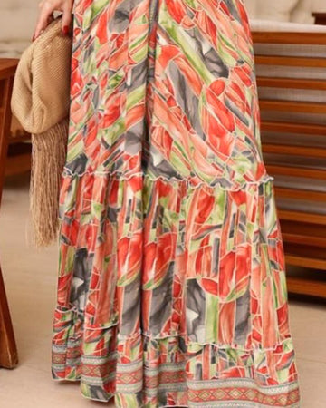 Floral Print Plunge V Neck Backless Maxi Dress Casual Halter Ruffles Hem A Line Dress